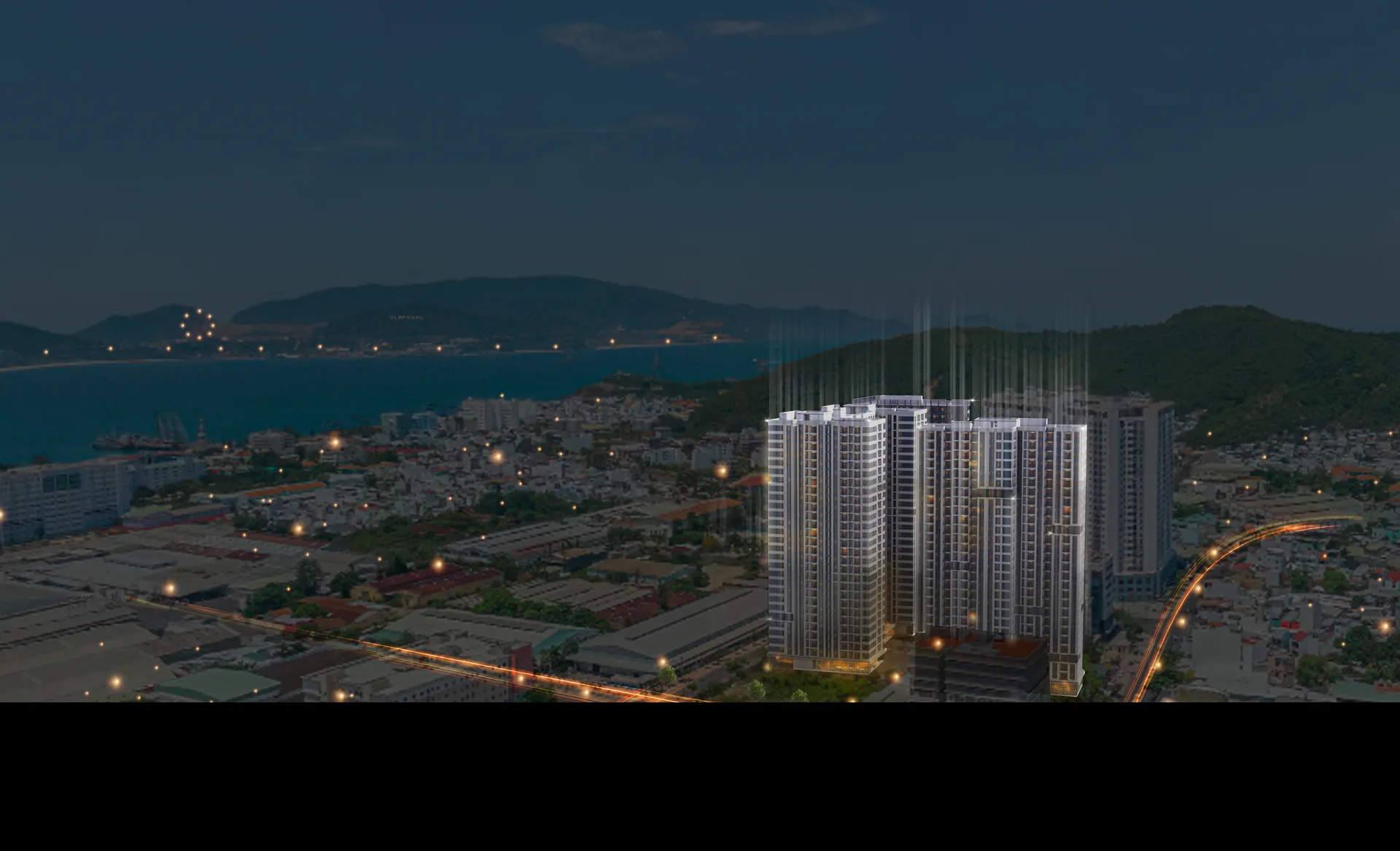 Phối cảnh toàn cảnh dự án về đêm, nổi bật bên vịnh Nha Trang