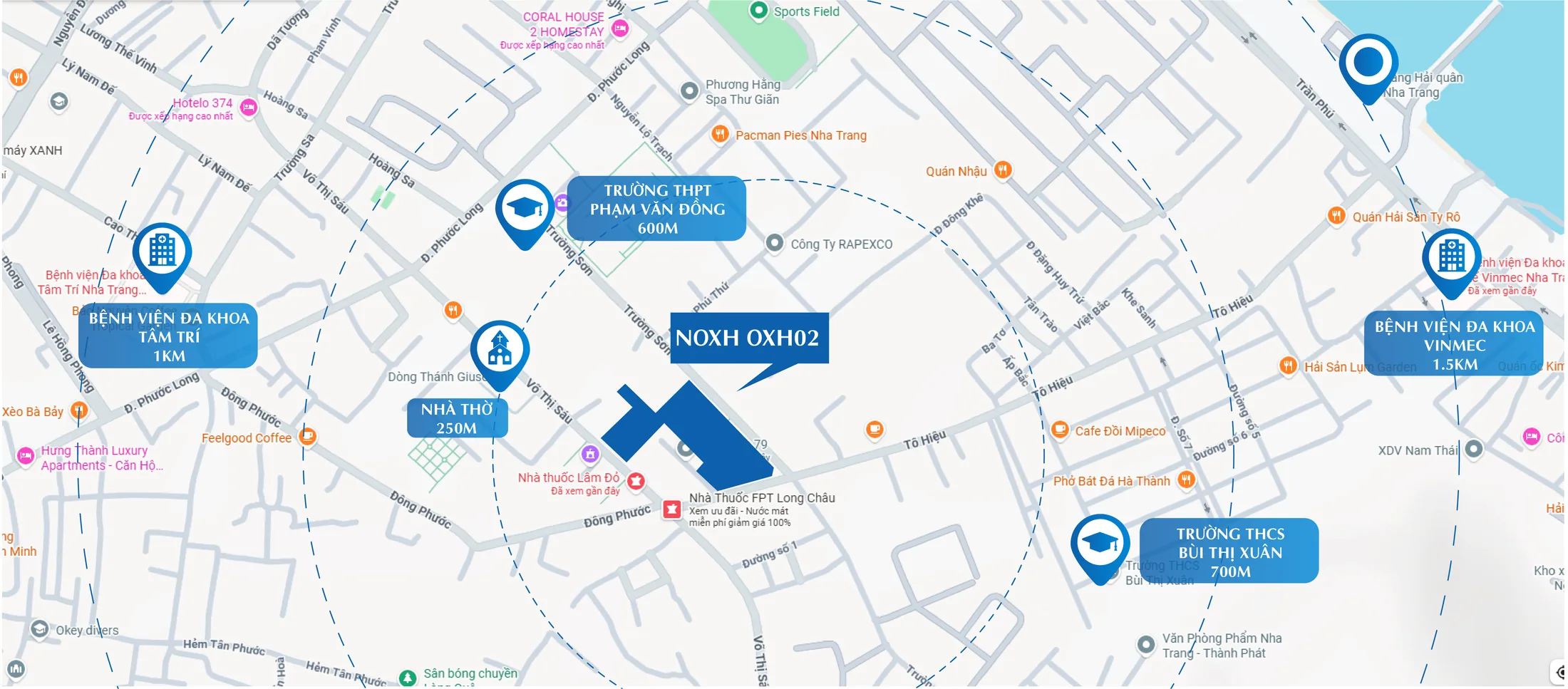 Bản đồ kết nối dự án NOXH OXH02: Trường THPT Phạm Văn Đồng 600m, Trường THCS Bùi Thị Xuân 700m, Bệnh viện Vinmec 1,5km, Bệnh viện Tâm Trí 1km, nhà thờ 250m